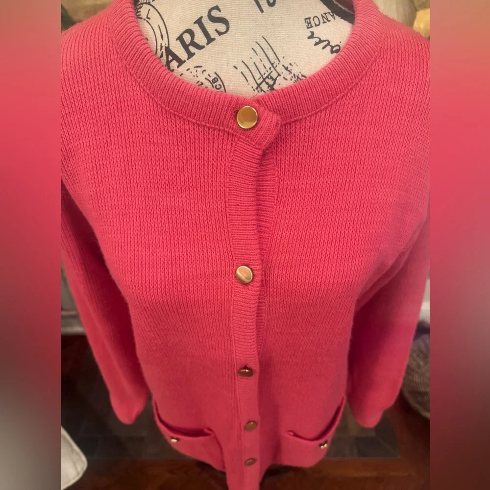 Vintage Pink Haymaker Cardigan Acrylic Gold Buttons Front Pocket Small Medium 36 - Picture 3 of 7